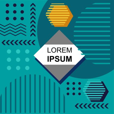 Çeşitli geometrik şekillere sahip soyut arkaplan kare kartı. Geometrik memphis tarzıyla kare duvar kağıdı.
