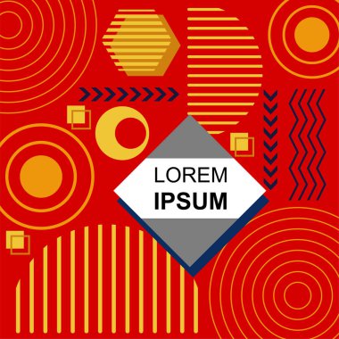 Çeşitli geometrik şekillere sahip soyut arkaplan kare kartı. Geometrik memphis tarzıyla kare duvar kağıdı.