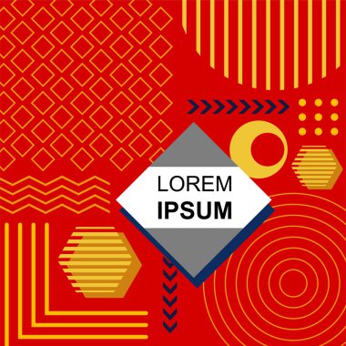 Çeşitli geometrik şekillere sahip soyut arkaplan kare kartı. Geometrik memphis tarzıyla kare duvar kağıdı.