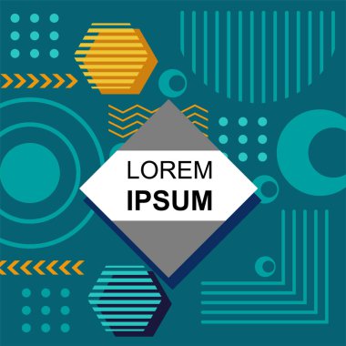 Çeşitli geometrik şekillere sahip soyut arkaplan kare kartı. Geometrik memphis tarzıyla kare duvar kağıdı.