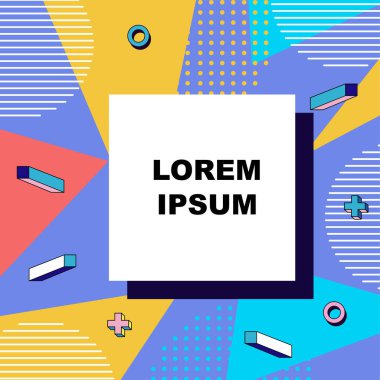 Çeşitli geometrik şekillere sahip soyut arkaplan kare kartı. Geometrik memphis tarzıyla kare duvar kağıdı.