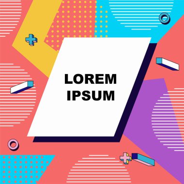 Çeşitli geometrik şekillere sahip soyut arkaplan kare kartı. Geometrik memphis tarzıyla kare duvar kağıdı.