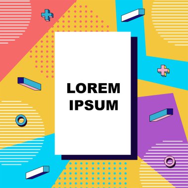 Çeşitli geometrik şekillere sahip soyut arkaplan kare kartı. Geometrik memphis tarzıyla kare duvar kağıdı.