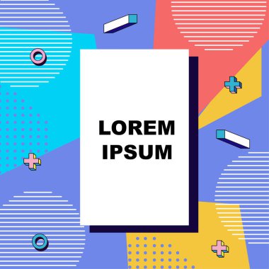 Çeşitli geometrik şekillere sahip soyut arkaplan kare kartı. Geometrik memphis tarzıyla kare duvar kağıdı.