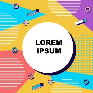 Çeşitli geometrik şekillere sahip soyut arkaplan kare kartı. Geometrik memphis tarzıyla kare duvar kağıdı.