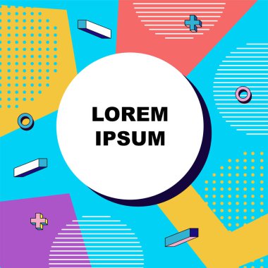 Çeşitli geometrik şekillere sahip soyut arkaplan kare kartı. Geometrik memphis tarzıyla kare duvar kağıdı.