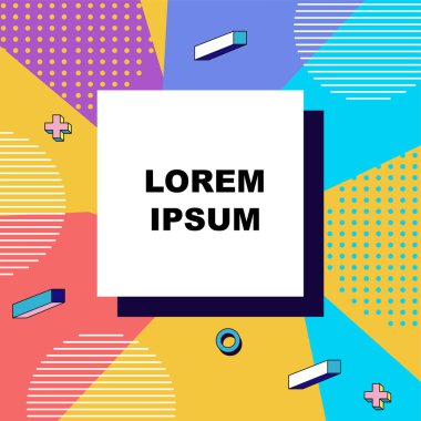 Çeşitli geometrik şekillere sahip soyut arkaplan kare kartı. Geometrik memphis tarzıyla kare duvar kağıdı.