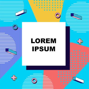 Çeşitli geometrik şekillere sahip soyut arkaplan kare kartı. Geometrik memphis tarzıyla kare duvar kağıdı.