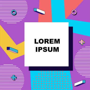 Çeşitli geometrik şekillere sahip soyut arkaplan kare kartı. Geometrik memphis tarzıyla kare duvar kağıdı.