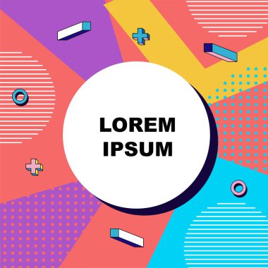 Çeşitli geometrik şekillere sahip soyut arkaplan kare kartı. Geometrik memphis tarzıyla kare duvar kağıdı.