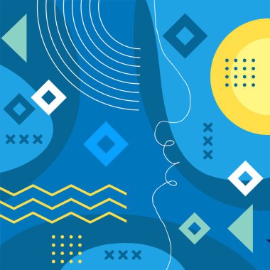 Çeşitli geometrik şekillere sahip soyut arkaplan kare kartı. Geometrik memphis tarzıyla kare duvar kağıdı.