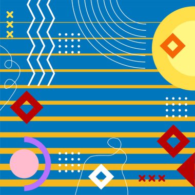 Çeşitli geometrik şekillere sahip soyut arkaplan kare kartı. Geometrik memphis tarzıyla kare duvar kağıdı.