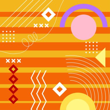 Çeşitli geometrik şekillere sahip soyut arkaplan kare kartı. Geometrik memphis tarzıyla kare duvar kağıdı.