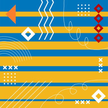 Çeşitli geometrik şekillere sahip soyut arkaplan kare kartı. Geometrik memphis tarzıyla kare duvar kağıdı.