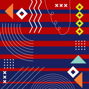 Çeşitli geometrik şekillere sahip soyut arkaplan kare kartı. Geometrik memphis tarzıyla kare duvar kağıdı.