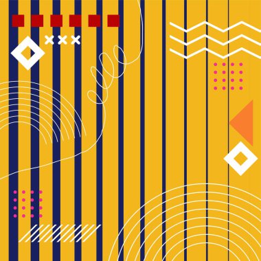 Çeşitli geometrik şekillere sahip soyut arkaplan kare kartı. Geometrik memphis tarzıyla kare duvar kağıdı.