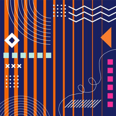 Çeşitli geometrik şekillere sahip soyut arkaplan kare kartı. Geometrik memphis tarzıyla kare duvar kağıdı.