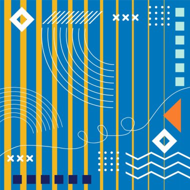 Çeşitli geometrik şekillere sahip soyut arkaplan kare kartı. Geometrik memphis tarzıyla kare duvar kağıdı.