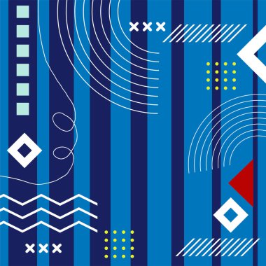 Çeşitli geometrik şekillere sahip soyut arkaplan kare kartı. Geometrik memphis tarzıyla kare duvar kağıdı.