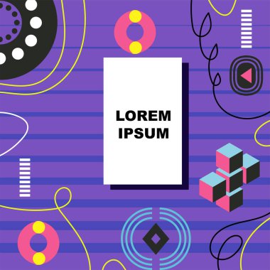 Çeşitli geometrik şekillere sahip soyut arkaplan kare kartı. Geometrik memphis tarzıyla kare duvar kağıdı.