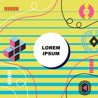 Çeşitli geometrik şekillere sahip soyut arkaplan kare kartı. Geometrik memphis tarzıyla kare duvar kağıdı.