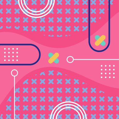 Çeşitli geometrik şekillere sahip soyut arkaplan kare kartı. Geometrik memphis tarzıyla kare duvar kağıdı.