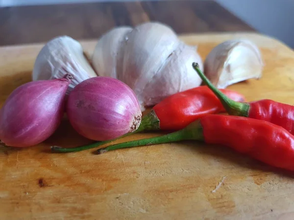 Ingredienti Condimento Materiali Aromatizzanti Ricette Cucina Aglio Bianco Peperoncino Cipolla — Foto Stock