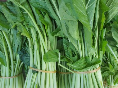 Geleneksel pazarda bir yığın çiğ Çin hardal sebzesi.