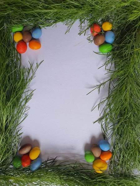 Blank White Space Framed Spruce Leaves Wreath Colorful Candy Balls — Stock Photo, Image
