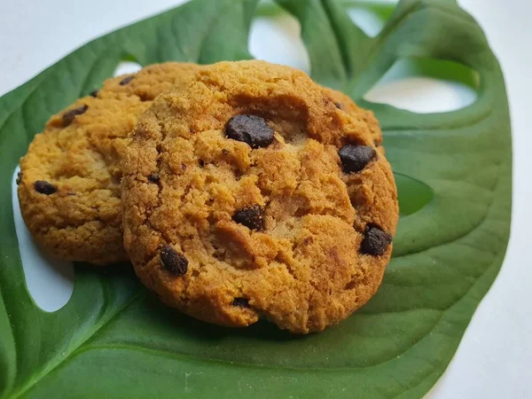 Choklad Chips Cookies Färska Gröna Monstera Blad Läggs Vit Yta — Stockfoto