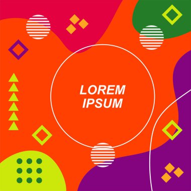 Çeşitli geometrik şekilli, süslemeli ve metin alanlı soyut arkaplan kare kartı. Geometrik memphis tarzıyla kare duvar kağıdı.