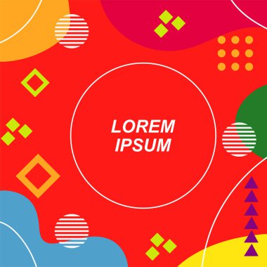Çeşitli geometrik şekilli, süslemeli ve metin alanlı soyut arkaplan kare kartı. Geometrik memphis tarzıyla kare duvar kağıdı.