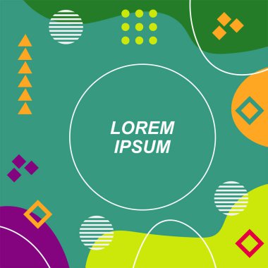 Çeşitli geometrik şekilli, süslemeli ve metin alanlı soyut arkaplan kare kartı. Geometrik memphis tarzıyla kare duvar kağıdı.