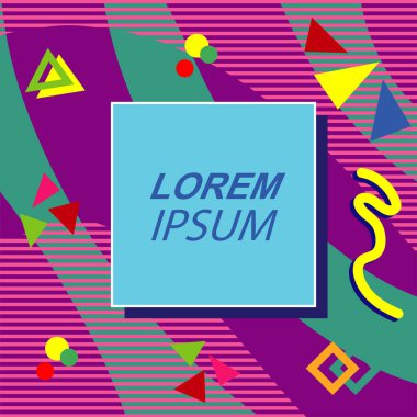 Çeşitli geometrik şekilli, süslemeli ve metin alanlı soyut arkaplan kare kartı. Geometrik memphis tarzıyla kare duvar kağıdı.