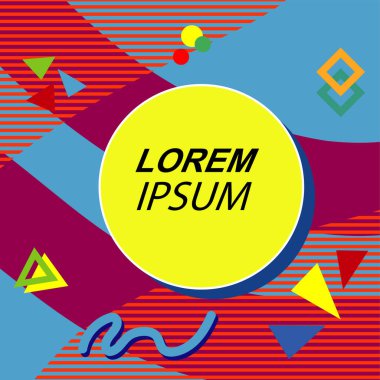 Çeşitli geometrik şekilli, süslemeli ve metin alanlı soyut arkaplan kare kartı. Geometrik memphis tarzıyla kare duvar kağıdı.