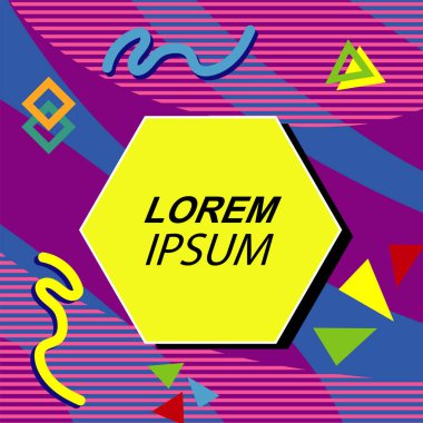 Çeşitli geometrik şekilli, süslemeli ve metin alanlı soyut arkaplan kare kartı. Geometrik memphis tarzıyla kare duvar kağıdı.