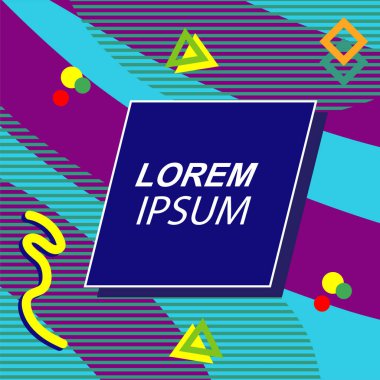 Çeşitli geometrik şekilli, süslemeli ve metin alanlı soyut arkaplan kare kartı. Geometrik memphis tarzıyla kare duvar kağıdı.
