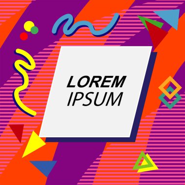 Çeşitli geometrik şekilli, süslemeli ve metin alanlı soyut arkaplan kare kartı. Geometrik memphis tarzıyla kare duvar kağıdı.