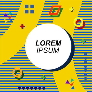 Çeşitli geometrik şekilli, süslemeli ve metin alanlı soyut arkaplan kare kartı. Geometrik memphis tarzıyla kare duvar kağıdı.