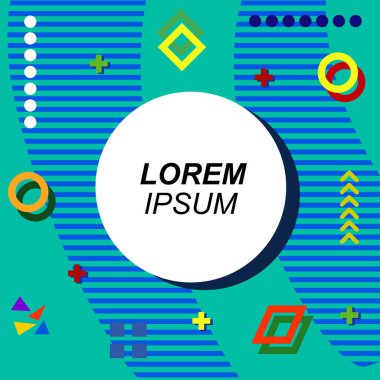 Çeşitli geometrik şekilli, süslemeli ve metin alanlı soyut arkaplan kare kartı. Geometrik memphis tarzıyla kare duvar kağıdı.