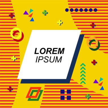 Çeşitli geometrik şekilli, süslemeli ve metin alanlı soyut arkaplan kare kartı. Geometrik memphis tarzıyla kare duvar kağıdı.