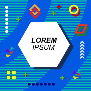 Çeşitli geometrik şekilli, süslemeli ve metin alanlı soyut arkaplan kare kartı. Geometrik memphis tarzıyla kare duvar kağıdı.