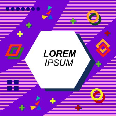 Çeşitli geometrik şekilli, süslemeli ve metin alanlı soyut arkaplan kare kartı. Geometrik memphis tarzıyla kare duvar kağıdı.