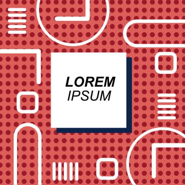 Çeşitli geometrik şekilli, süslemeli ve metin alanlı soyut arkaplan kare kartı. Geometrik memphis tarzıyla kare duvar kağıdı.