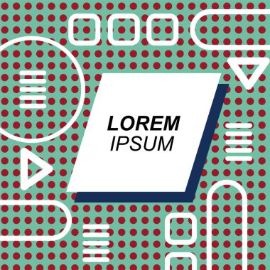 Çeşitli geometrik şekilli, süslemeli ve metin alanlı soyut arkaplan kare kartı. Geometrik memphis tarzıyla kare duvar kağıdı.