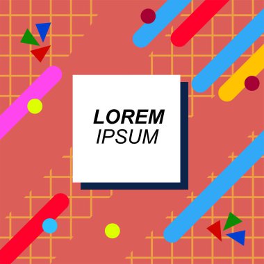 Çeşitli geometrik şekilli, süslemeli ve metin alanlı soyut arkaplan kare kartı. Geometrik memphis tarzıyla kare duvar kağıdı.