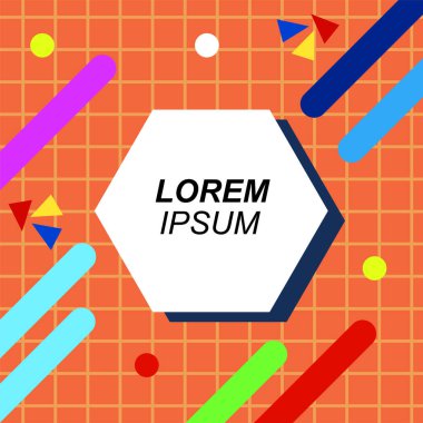 Çeşitli geometrik şekilli, süslemeli ve metin alanlı soyut arkaplan kare kartı. Geometrik memphis tarzıyla kare duvar kağıdı.
