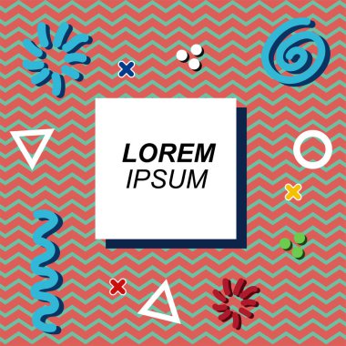 Çeşitli geometrik şekilli, süslemeli ve metin alanlı soyut arkaplan kare kartı. Geometrik memphis tarzıyla kare duvar kağıdı.