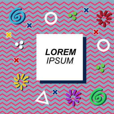 Çeşitli geometrik şekilli, süslemeli ve metin alanlı soyut arkaplan kare kartı. Geometrik memphis tarzıyla kare duvar kağıdı.