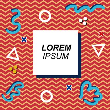 Çeşitli geometrik şekilli, süslemeli ve metin alanlı soyut arkaplan kare kartı. Geometrik memphis tarzıyla kare duvar kağıdı.